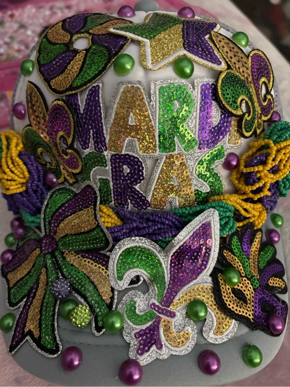Mardi Gras Custom Beaded Hat - Purple, Green & Gold